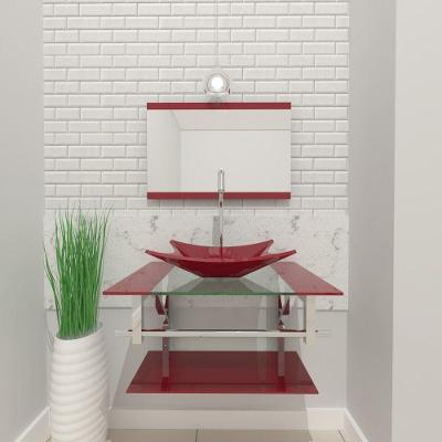 Gabinete De Vidro Para Banheiro 60cm Inox Cuba Retangular Com Sifao E Torneira Metal Cor:vermelho Cereja