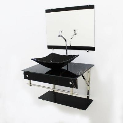Gabinete de Vidro 60cm Inox com Cuba Quadrada Mármore Preto