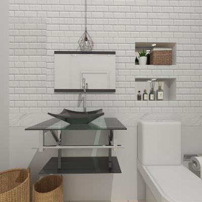 Gabinete De Vidro Para Banheiro 60cm Inox Cuba Quadrada Com Sifao E Torneira Metal Cor:grafite