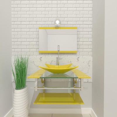 Gabinete De Vidro Para Banheiro 60cm Inox Cuba Retangular Com Sifao E Torneira Metal Cor:amarelo