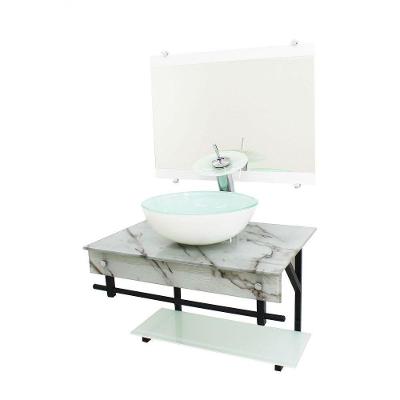 Gabinete De Vidro 70cm Apx Com Cuba Redonda Mármore Branco