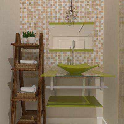 Gabinete De Vidro Para Banheiro 60cm Ac Cuba Quadrada Com Sifao E Torneira Metal Cor:verde Oliva