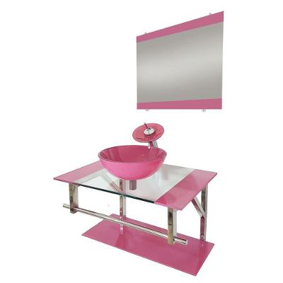 Gabinete de Vidro 70cm Inox com Cuba Redonda Rosa