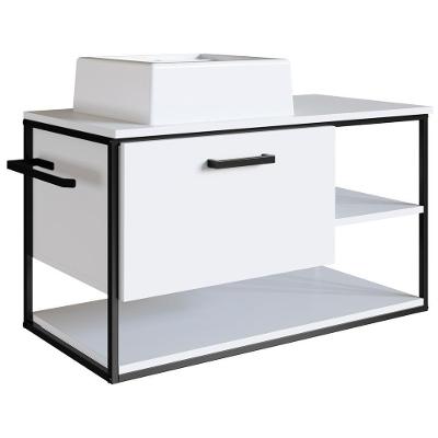 Gabinete Suspenso Banheiro 80 Cm Com Cuba Preto Branco P1007 Pp Preto Branco