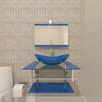 Gabinete De Vidro Para Banheiro 60cm Inox Cuba Oval Com Sifao E Torneira Metal Cor:azul