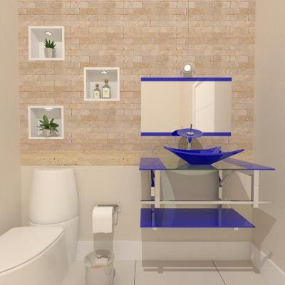 Gabinete de Vidro 70cm Inox com Cuba Retangular Azul Escuro