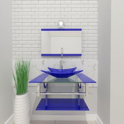 Gabinete De Vidro Para Banheiro 60cm Inox Cuba Retangular Com Sifao E Torneira Metal Cor:azul Escuro