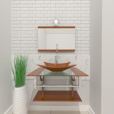 Gabinete De Vidro Para Banheiro 60cm Inox Cuba Retangular Com Sifao E Torneira Metal Cor:dourado Real