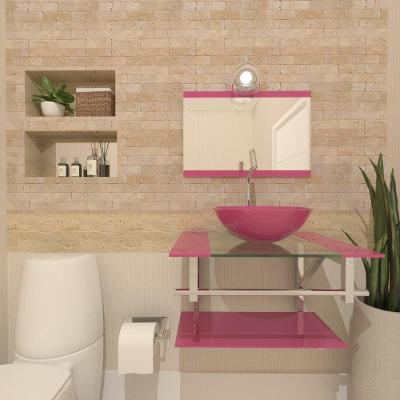 Gabinete de Vidro 60cm Inox com Cuba Redonda Rosa
