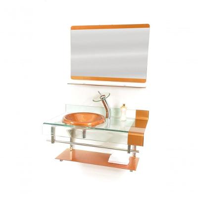 Gabinete Vidro 90cm Curvado Duplo Inox com Cuba Dourado Real