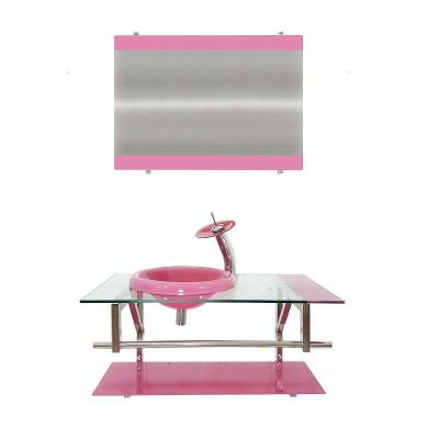 Gabinete de Vidro 80cm Inox com Cuba Chapéu Redonda Rosa