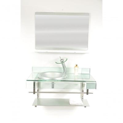 Gabinete Vidro 90cm Curvado Duplo Inox com Cuba Chapéu Prata