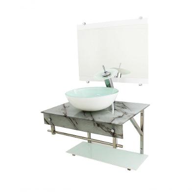 Gabinete De Vidro Inox Com Cuba Redonda Mármore Branco