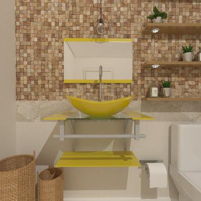 Gabinete De Vidro Para Banheiro 60cm Ac Cuba Oval Com Sifao E Torneira Metal Cor:amarelo