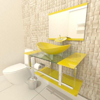 Gabinete de Vidro 80cm Inox com Cuba Oval Amarelo
