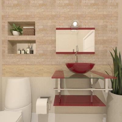 Gabinete De Vidro Para Banheiro 60cm Inox Cuba Redonda Com Sifao E Torneira Metal Cor:vermelho Cereja