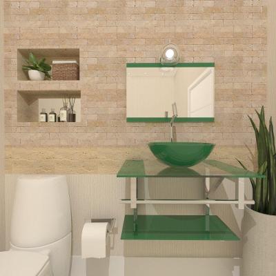 Gabinete De Vidro Para Banheiro 60cm Inox Cuba Redonda Com Sifao E Torneira Metal Cor:verde