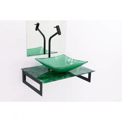 Gabinete De Vidro 50cm Mármore Verde + Torneira Metal Preta