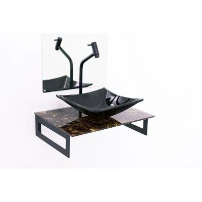 Gabinete De Vidro 50cm Mármore Imperador+Torneira Preta