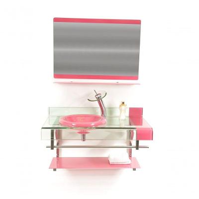 Gabinete de Vidro 90cm Curvado Duplo Inox Com Cuba Rosa