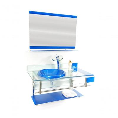 Gabinete Vidro 90cm Curvado Duplo Inox com Cuba Azul Escuro