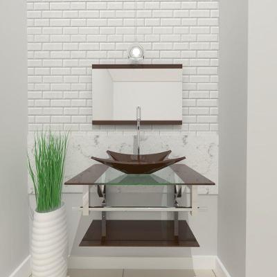 Gabinete De Vidro Para Banheiro 60cm Inox Cuba Retangular Com Sifao E Torneira Metal Cor:marrom