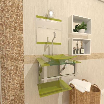 Gabinete de Vidro Para Banheiro 40cm Inox Verde Com Torneira