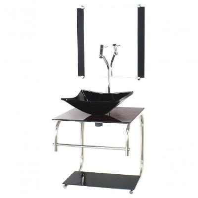 Gabinete De Vidro Para Banheiro 40cm Inox Cuba Quadrada Com Sifao E Torneira Metal Cor:madeira Nogueira