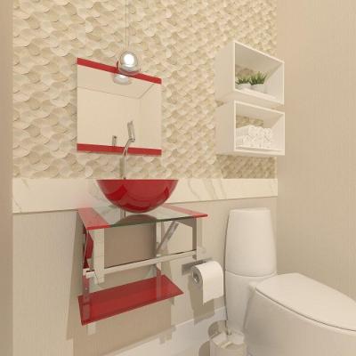 Gabinete de Vidro Para Banheiro 40cm Inox Vermelho Com Torneira
