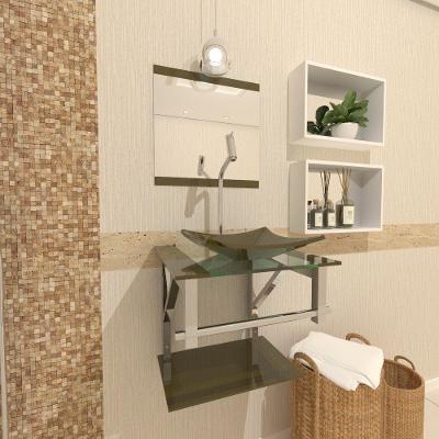 Gabinete de Vidro Para Banheiro 40cm Inox Ouro Com Torneira