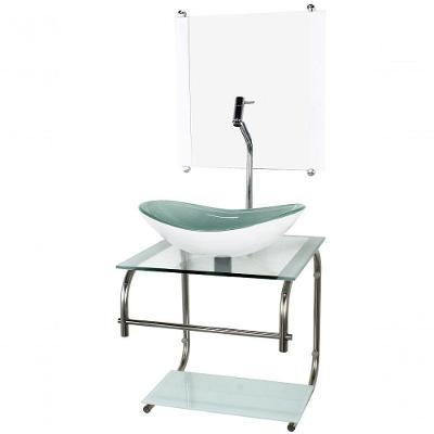 Gabinete Vidro Cuba Oval 40cm Inox Branco Torneira Cromada