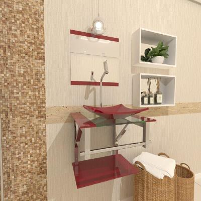 Gabinete de Vidro 40cm Inox Vermelho Cereja Com Torneira
