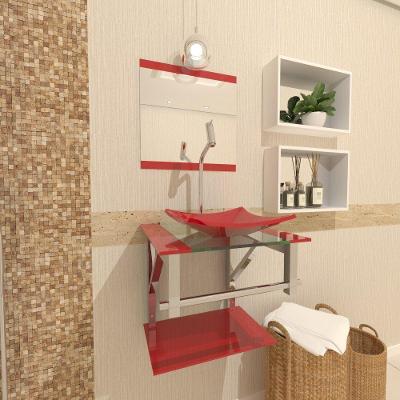 Gabinete de Vidro Banheiro 40cm Inox Vermelho Com Torneira