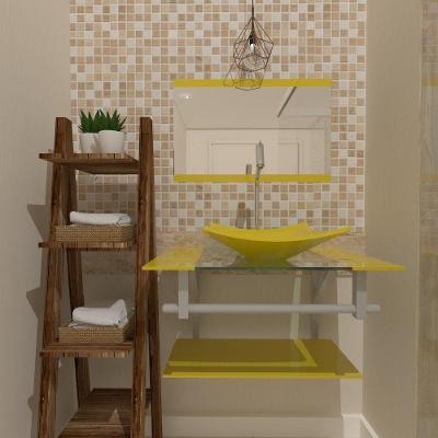 Gabinete De Vidro 60cm C/Cuba Quadrada Amarelo+Torneira