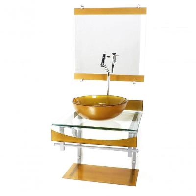 Gabinete De Vidro Duplo Cuba Redonda Dourado C/Torneira