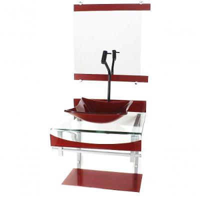 Gabinete Duplo Inox Cuba Quadrada Vermelho C/Torneira Preta
