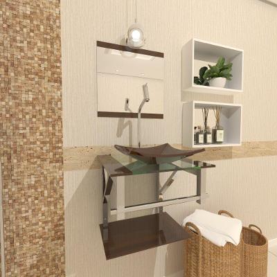 Gabinete de Vidro Banheiro 40cm Inox Marrom Com Torneira