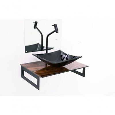 Gabinete De Vidro 50cm Madeira Nogueira+Torneira Metal Preta