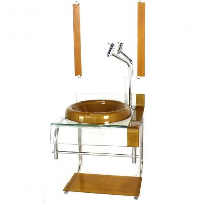 Gabinete De Vidro 40cm Curvado Duplo Inox Dourado C/Torneira