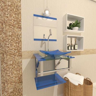 Gabinete de Vidro Para Banheiro 40cm Inox Azul Com Torneira
