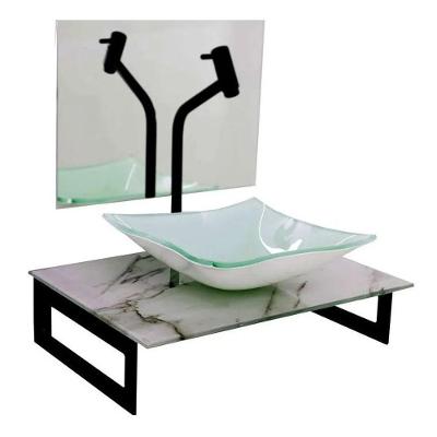 Gabinete De Vidro 50cm Mármore Branco + Torneira Metal Preta