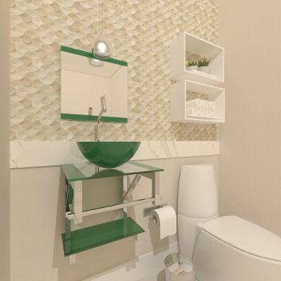 Gabinete de Vidro Para Banheiro 40cm Inox Verde Com Torneira