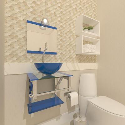 Gabinete de Vidro Para Banheiro 40cm Inox Azul Com Torneira
