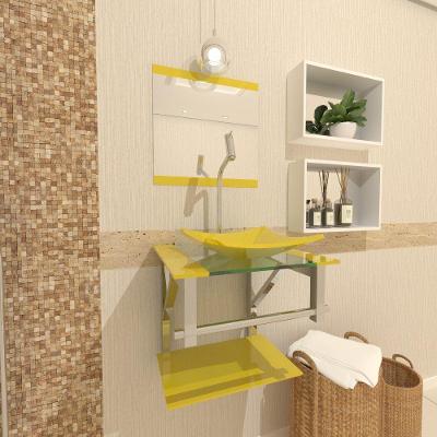 Gabinete de Vidro 40cm Inox Amarelo Com Torneira