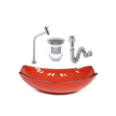 Cuba De Vidro Oval 46cm Vermelho +Valvula+Torneira+Sifao
