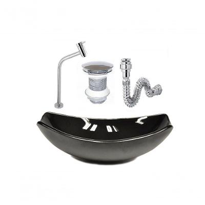 Cuba De Vidro Oval 46cm Preta + Valvula + Torneira + Sifao