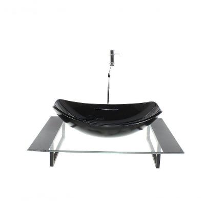 Cuba De Vidro Oval Com Tampo 60cm Preto E Suporte Preto