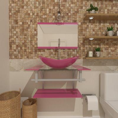Gabinete De Vidro 45cm Ac C/Cuba Oval Rosa + Torneira Metal