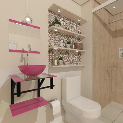 Kit Gabinete de Vidro 40 cm Cuba e Torneira Cromada Rosa