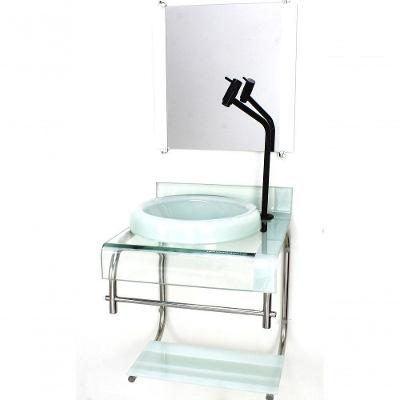 Gabinete De Vidro 40cm Inox Branco Com Torneira Preta